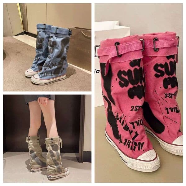 Designer Shoe Graffiti High Top Canvas Shoes Women's Spring Wide Mid New Trouser Barrel Stacking luxury Boots e Shipping