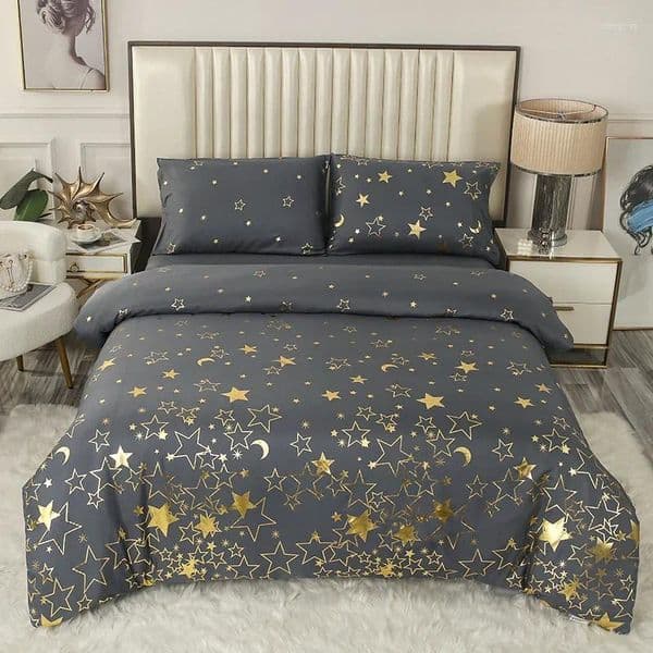 Bedding Sets Fashion Grey Bronzing Star Print Duvet Cover Set Gold Stars Moon Metallic Foil Comfortable For Bedroom