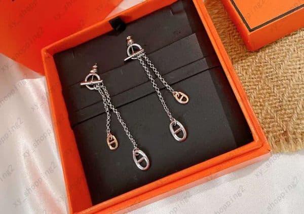 Fashion Sier Color Hollow Double Stud Earrings for Design Link Chain Drop Dangle Earring Jewelry Accessories