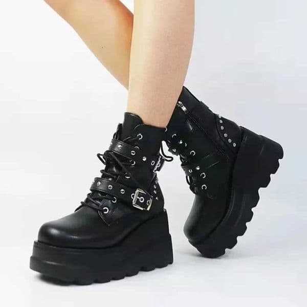 New Womens Pu Leather Ankle Boots Women Autumn Winter Round Toe Lace Up Shoes Women Motorcycle Platform Gothic Boots W250902