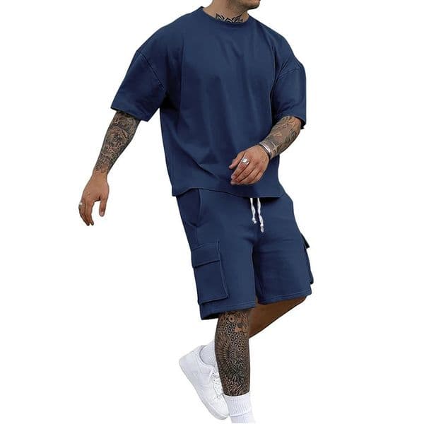 Summer mens round neck short sleeve Tshirt shirt shorts twopiece suit loose large size ice 250903BJ