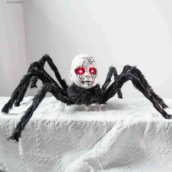 Halloween Animatronic Doll Face Spider Motion Activated Glowing Eyes Sound Control Scary Walking Toy Haunted House Prop T250903