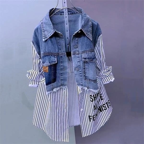 Fashion Denim Shirt Ladies Tops Women Splicing Denim Jacket Spring Autumn Korean Casual Jean Coat Female Windbreaker 250902