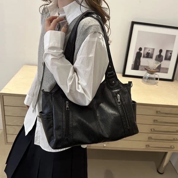 Fashionable Retro PU Shoulder Bag Large Capacity Soft Commuting Handbag Solid Color Waterproof Underarm Tote Bag Women 250902BJ