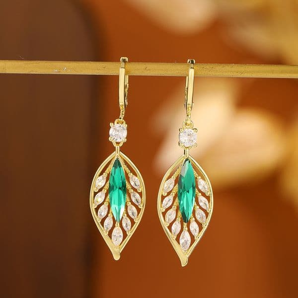 New Chinese Style Shining Zircon For Women Elegant Gold Branch Jade Leaf Light National Trend Earrings