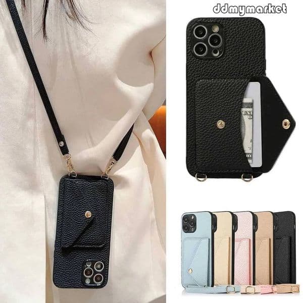 Crossbody Strap Leather Card Slot Pocket Wallet Case For iPhone 11 12 13 14 15 Pro Max Plus Lanyard Phone Bag Cover Purse Y240815 ddmymarket