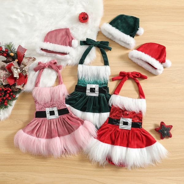 Christmas Toddler Baby Girls Romper Dress Lovely Infant Sequins Halter Sleeveless Tutu Jumpsuits with Hat 2pcs Clothing Suit 250903BJ