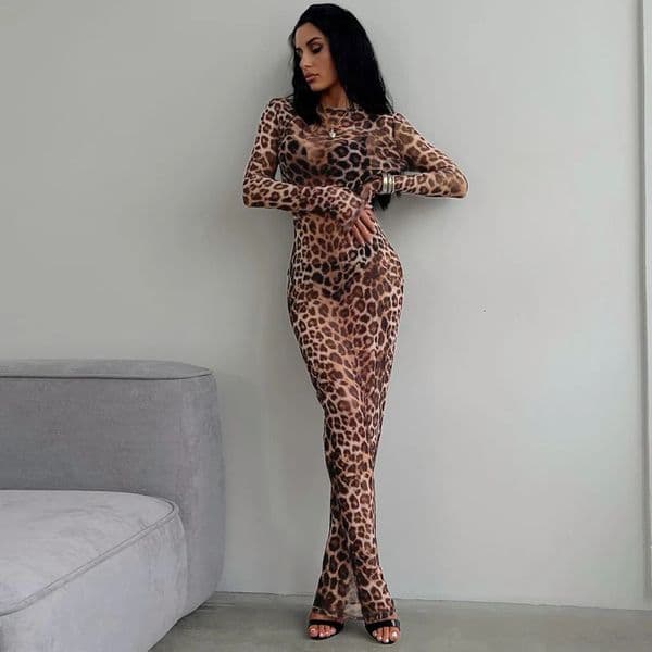 Dress Summer Women Leopard Print Mesh O Neck Long Sleeve Sexy See Through Maxi Fashion Outfits Beach Vacation Nightclub 250903BANJIA