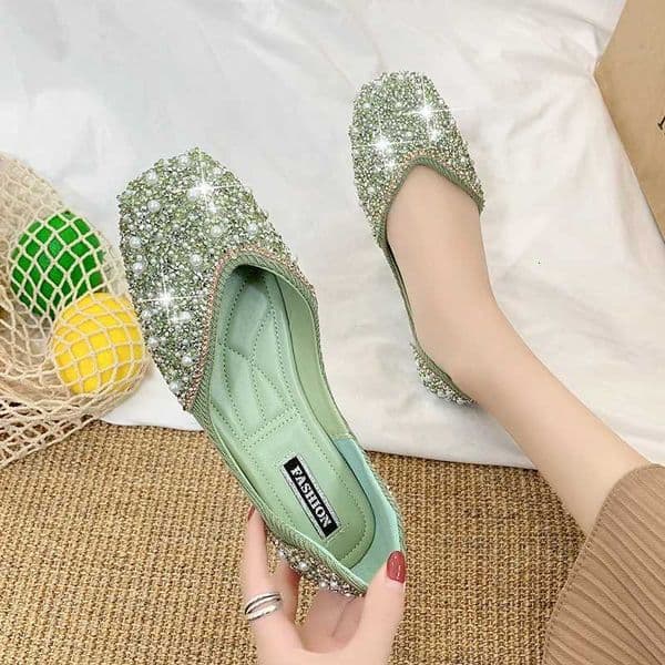 Glitter crystal pearl studs ballet shoes women square toe slip loafers cozy shallow cutout ballerina flats femaleXJ250903
