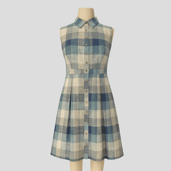 Fashionable Vintage-Style Elegant Plaid Linen-Cotton Yarn-Dyed Sleeveless Shirt Collar Dress Manufacturer Wholesale JCD1349