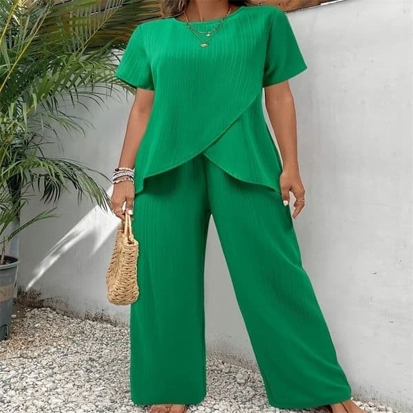 Casual Solid Suit Women Fashion Round Neck Short Sleeve Irregular Split Top Elastic Waist Trousers Two Piece Set w250902BJ