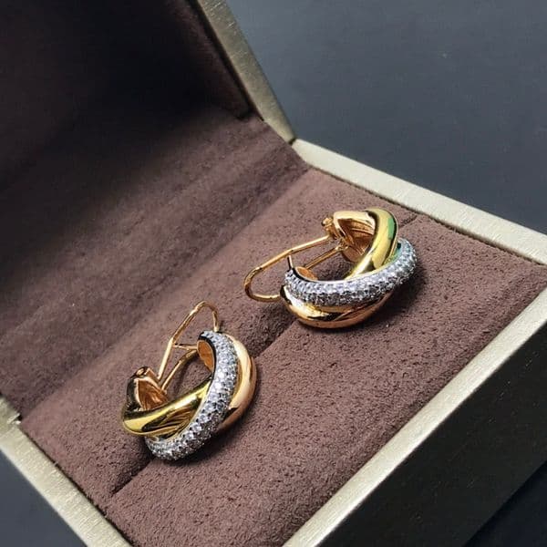 Designer Collection Fashion Style Stud Earrings Lady Women Brass Three Color C-shape Half Round With Diamond Plated Gold Ear Clip Party Jewelry