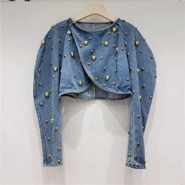 Round stud rivet bubble sleeve short denim jacket womens high street sequined jacket autumn clothing top 250902