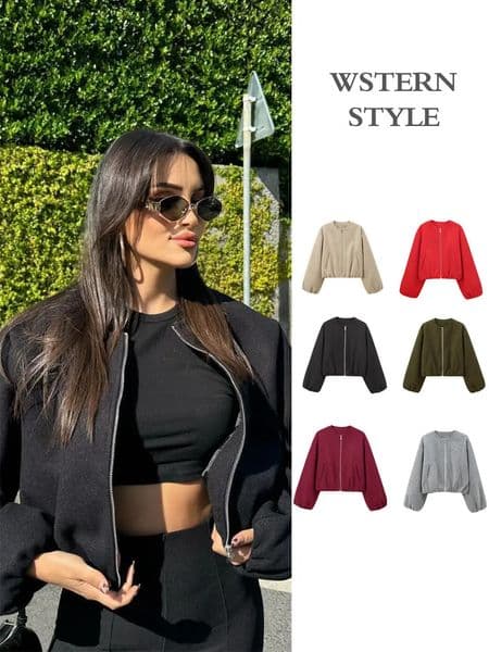 Outerwears Cropped Bomber Jacket Women Autumn Long Sleeve Faux Wool Coats For Woman Winter Zip Up Gray Beige Short Coats 250904BJ