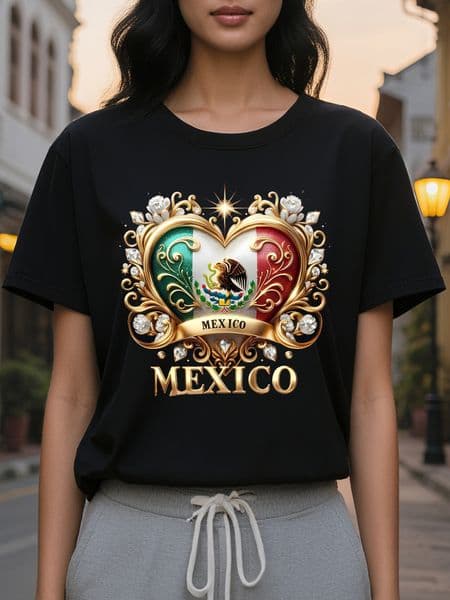 Women S Mexican Flag Eagle Heart Graphic T-Shirt Short Sleeve Crew Neck Top with Green White Design Lightweight