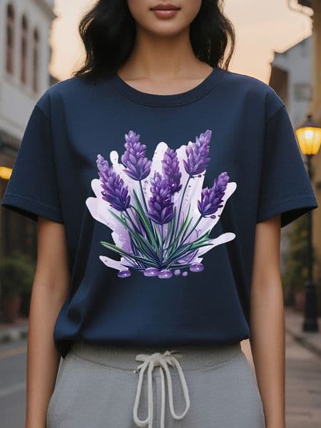 Lavender Tee Lightweight Cotton Women's Floral Print T-Shirt Casual Short Sleeve Round Neck Perfect for Spring