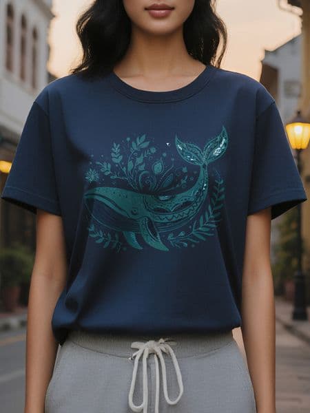 Large XL Breathable Semi Sheer Women's Whale Floral Print T-Shirt Medium Stretch Washable Spring Summer Tee for Beach Plus Size