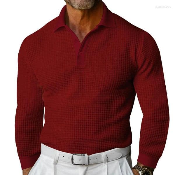Men's Polos Amazon Waffle Collar Button-up Long Sleeve Polo Holiday Casual T-shirt