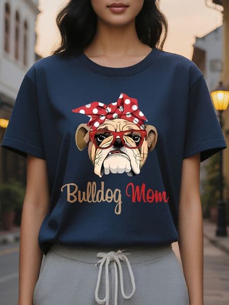Large XL Women S Casual Cotton T-Shirt Pug Bulldog Mom Graphic Crew Neck Short Sleeve Regular Fit SpringSummer Knit Fabric Plus Size