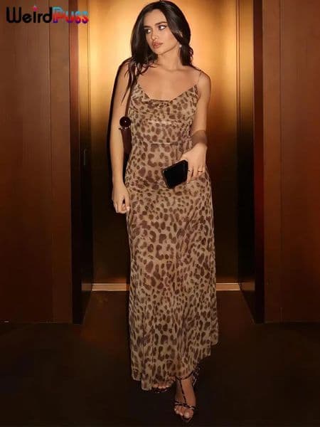 Weird Puss Leopard Print Dress Woman Summer Sexy Swing Collar Spaghetti Straps Backless Ruffles Party Clubwear Skinny Vestidos 250904BJ
