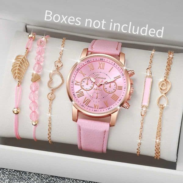 6PCSSet Fashion Watch Wens Casual Leather Strap Versatile Round Dial Quartz Watch with Trees Bracelet Set X250904