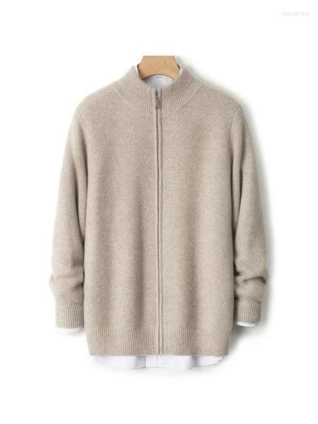 Men's Sweaters Merino Wool Sweater For Men Mock Collar Knit Cardigan Autumn Winter Ribbed Hem Thick Clothing Soft Warm Casual Business Top