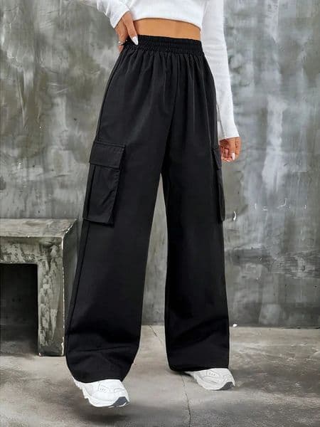 Elegant Solid High Waist Ripped Pant Fashion Women Pocket Elastic Straight Cargo Pants Casual Streetwear Sweatpant Y2K Trousers 250903