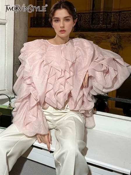 TWOTWINSTYLE Elegant Patchwork Ruffles Chiffon Blouses Women O Neck Lantern Long Sleeve Loose Shirt Female Clothing Fashion 250905BJ