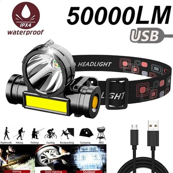 Powerful LED Headlamp Torch Portable USB Rechargeable Head Lantern Flashlight Waterproof Camping Fishing Lights 250904BJ