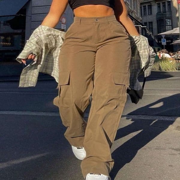 Womens Plain High Waist Cargo Pants Street Fashion Casual Pocket Button Trousers for Daily Wear Ladies Bottoms All Season 250904BJ