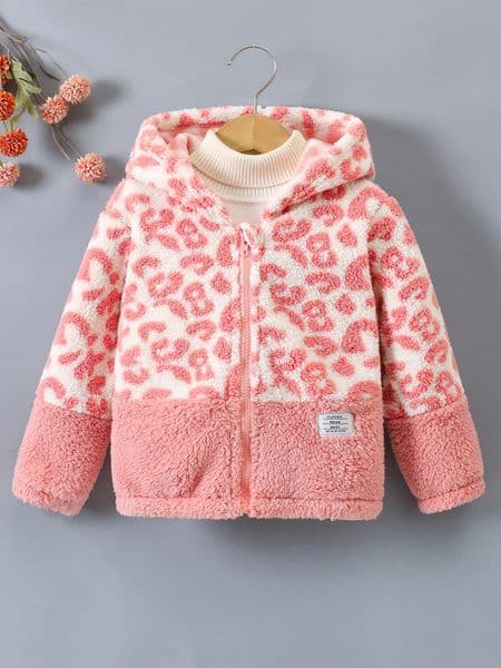 Girls Autumn and Winter Fashion Leopard Print Color Patchwork Warm Comfortable Plush Cardigan Fleece Hooded Coat 250905BJ