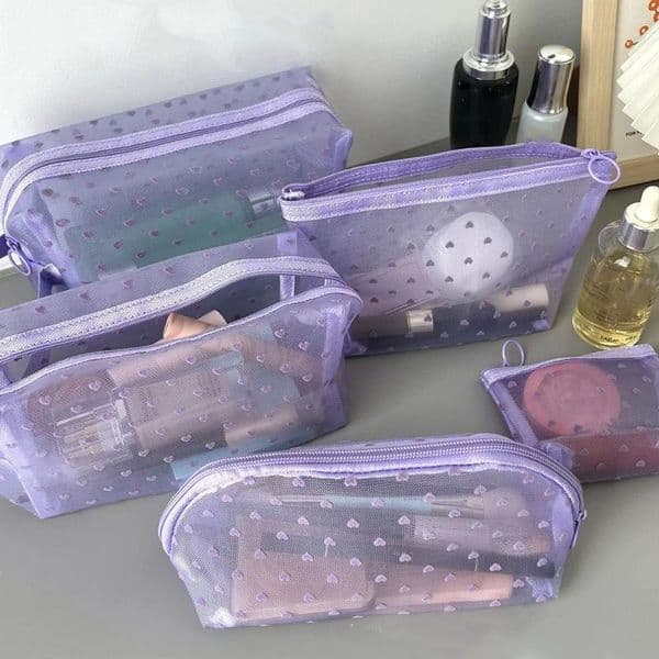 Cosmetic Bags Women Storage Bag Travel Organizer Holder Purse Purple Heart Printed Nylon Mesh Make Up Clear Cute Makeup Pouch