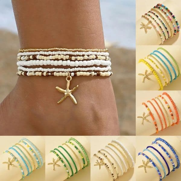 6pcs Set Summer Beach Acrylic Round Ball Beaded Starfish Anklet for Women Retro Trend Multilayer Foot Jewelry Holiday Accessory 250905BJ