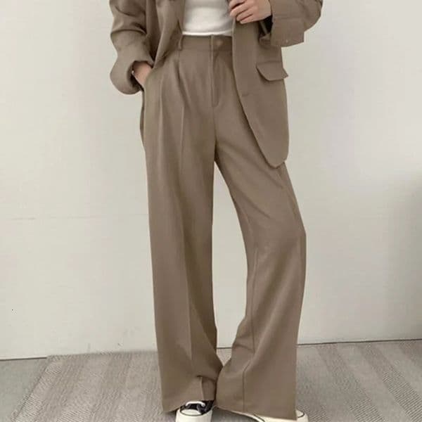 Temperament Wide Leg Suits Pants Women Autumn Winter Button High Waist Woman Pleated Solid Color Straight Trouser Ladies 250905BJ