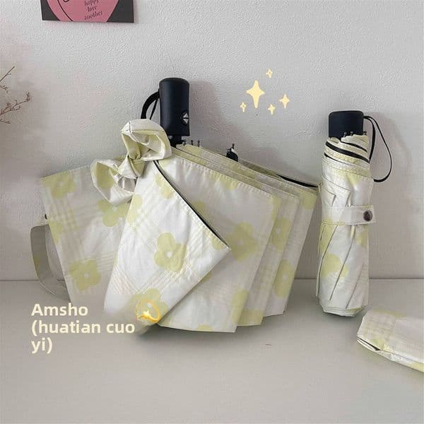 msho/Flower Field Mistake/Zhi Checkered Automatic Dual-use Women's Black Coating Folding Portable Sun Umbrella