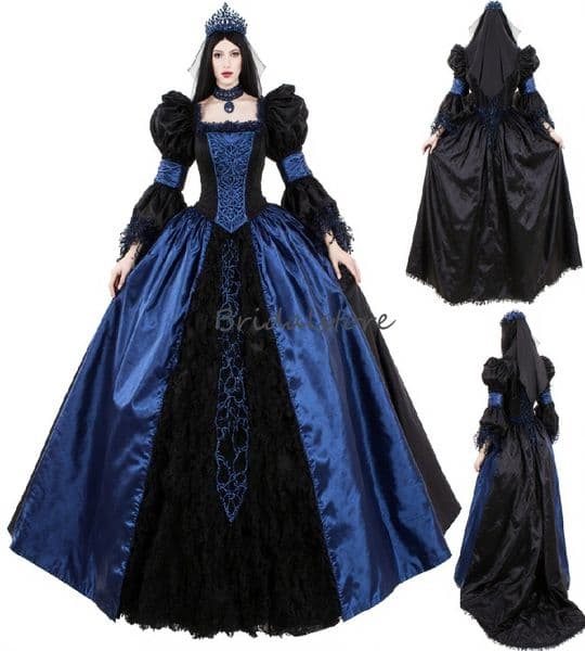 Old-fashioned Black And Blue Gothic Wedding Dress Belle Sleeves Medieval Celtic Bridal Dress Civil War Costum Bride Dress Halloween Cosplay Robe De Mariee 2025