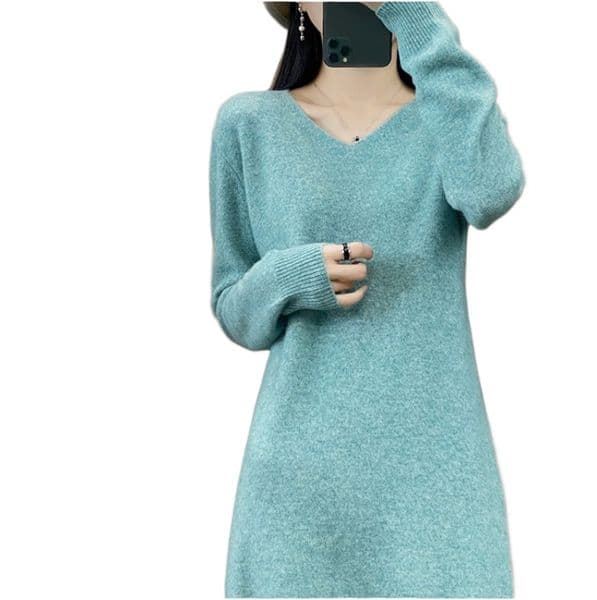 (645) New Autumn and Winter Pure Wool V-neck Knitted Dress Solid Color Loose Pullover Long Skirt