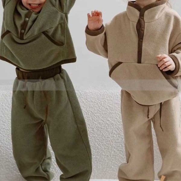 Kids 2Piece Sets 2025 Autumn Winter New Boys Girls Korean Fashion Polar Fleece Stand Collar Top Long Loose Pants X250906