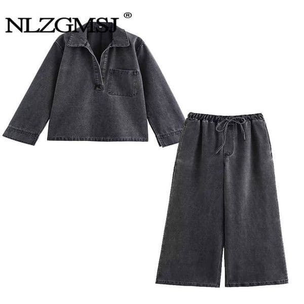 Autumn Jeans Sets Women Turndown Collar Casual Top Fashion High Waist Streetwear Female Denim Pant Two Piece Set 250905BJ