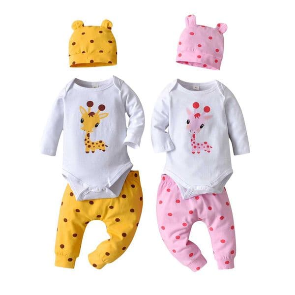 Spring Autumn Newborn Baby Girls Clothes Set Cotton Long Sleeve Deer Print Bodysuit Top Infant Pants Ear Cap 3PCS Outfit X250906