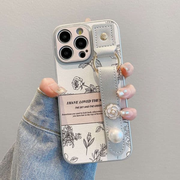 DHgargets Ins Style Camellia Suitable for Apple 16 Phone Case iPhone 17 Pearl Wrist Strap 15 Fashion 13 Pro