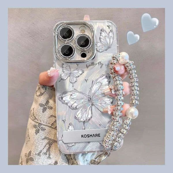 DHgargets Compatible Apple 15 Feather Gauze Phone Case iPhone 14 Colorful Butterfly Stand Bracelet 13 Lens Film XS Premium XR