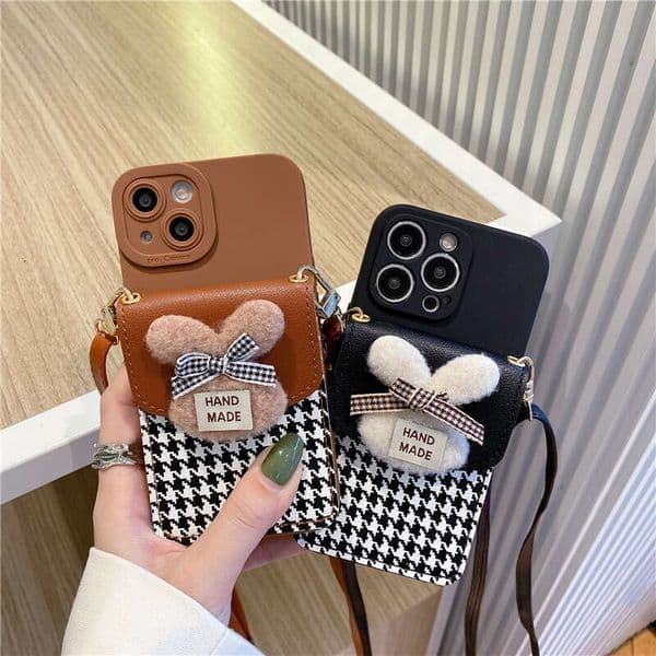 DHelectronics Houndstooth Rabbit Coin Card Holder Compatible with Apple Phone Case 14 Crossbody iPhone 13 Pro New Model 12 High