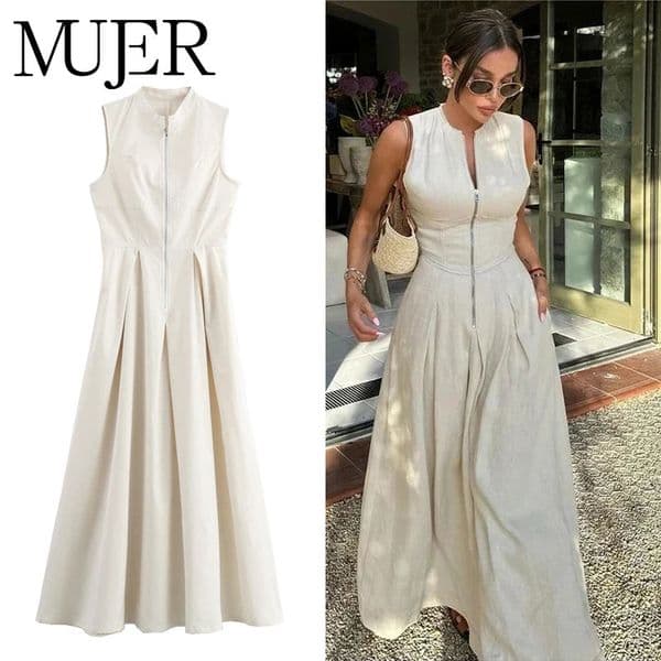 MUJER Draped Long Dresses for Women Zip Sleeveless Maxi Dress Woman Summer Holiday Womens Ruched Party Female 250906
