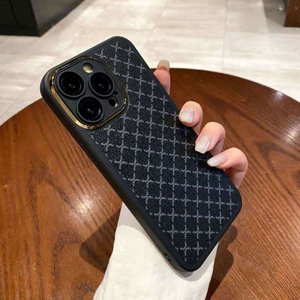 DHgargets Quilted Electroplated Ring Lens Protector Compatible with iPhone 15 Case 11 High-end Leather Texture Protective Cover