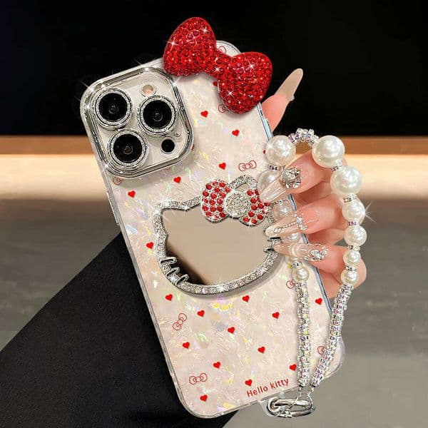 DHgargets KT Cat Mirror Bracelet Compatible with Apple 16 Pro Phone Case 13 Sparkling Diamond Bowknot 15 High-end Feel 14 for Girls 12