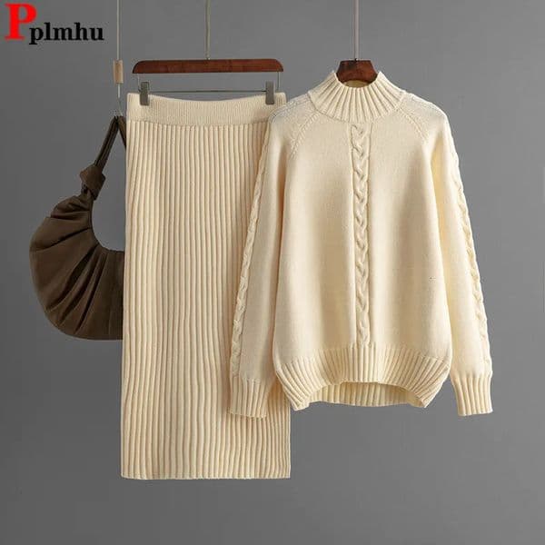 Fall Winter Knitted Sweater 2 Piece Sets Women Half Turtleneck Pullover Tops Conjuntos High Waist Slim Skirts Ensembles 250906BJ