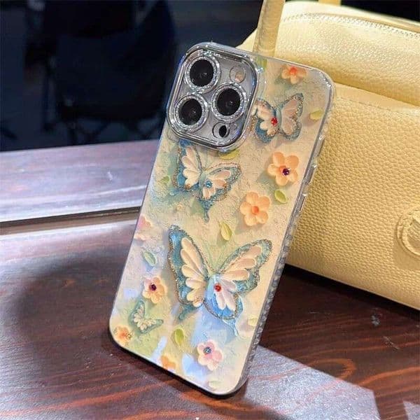 DHgargets Blue Light Oil Painting Flowers and Butterflies Compatible with Apple 16/15 Pro Phone iPhone 14/13 Couple 12 Soft Case X