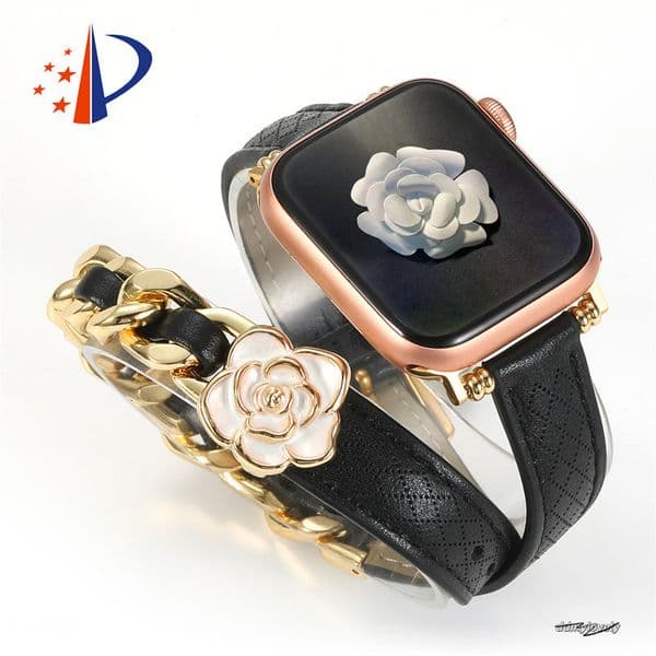 Designer Camellia Flower Genuine Leather Apple Watch Straps For Applewatch 49Mm 46Mm 45Mm 44Mm 42Mm 41Mm Fashion Watchband Iwatch Series 10 9 8 7 6 5 Band