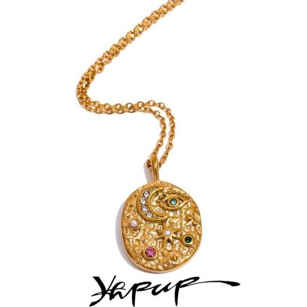 Yhpup Moon Star Eye Oval Stainless Steel Gold Color Mysterious Necklace Fashion Zircon Vintage Jewelry Women Rust Proof Gift W25908